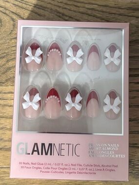 GLAMNETIC Pink Almond Press-On Nails with White Bows